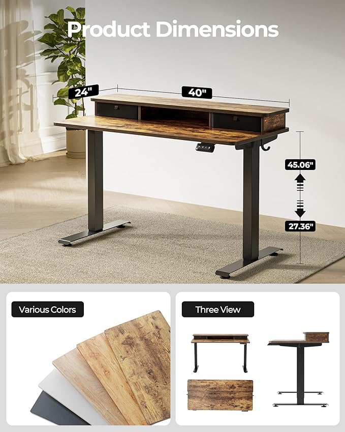 FEZIBO 40 x 24 Inch Height Adjustable Electric Standing Desk with Double Drawer, Stand up Home Office Computer Desk with 4 Height-Adjustable Feets & 2 Hooks, Rustic Brown