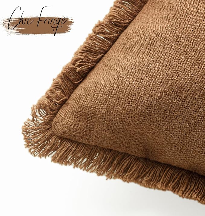 Foindtower Set of 2 Decorative Linen Fringe Throw Pillow Covers Cozy Boho Farmhouse Cushion Cover with Tassels Soft Accent Pillowcase for Couch Sofa Bed Living Room Home Decor,16×16 Inch,Orange Brown