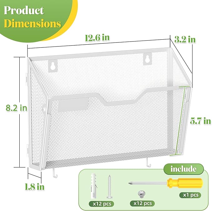 YINGHUA 6 Pack Mesh File Holders Wall Mounted - Durable Metal Hanging Organizer with Hooks - 12.6 Inch Vertical Wall Baskets for Mail Papers Office Home and School Storage - White