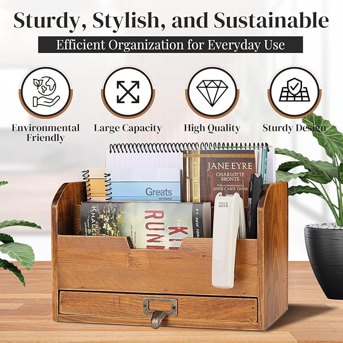 Flexzion 3 Tier Wooden Desk Organizer - Country Rustic Compartments Slot File Tray Pencil Sorter Shelf Holder Supplies Rack Accessories Set with Storage Drawer for Desktop Tabletop Office Home Brown