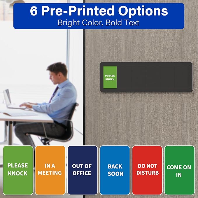 Office Door Signs with 6 Printed Status Options – Do Not Disturb, Out of Office, In a Meeting, Please Knock, Back Soon, Come on in – Includes Custom Personalized Blank Sticker for Privacy Workspace or Studio Available and Away