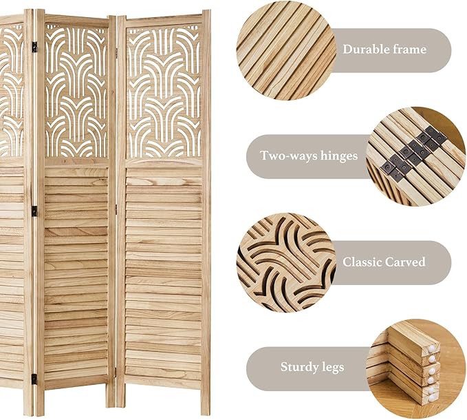 Svimi Folding Room Divider, 66.9 Inch 6 Panels Wood Carved Privacy Screens, Free Assembled Freestanding Portable Separation Wall for Home Office Bedroom (Natural)