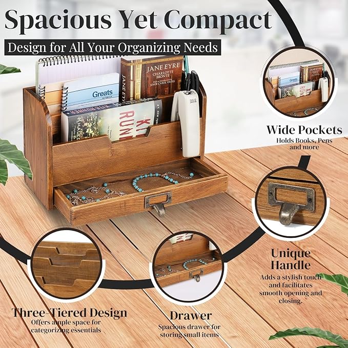 Flexzion 3 Tier Wooden Desk Organizer - Country Rustic Compartments Slot File Tray Pencil Sorter Shelf Holder Supplies Rack Accessories Set with Storage Drawer for Desktop Tabletop Office Home Brown