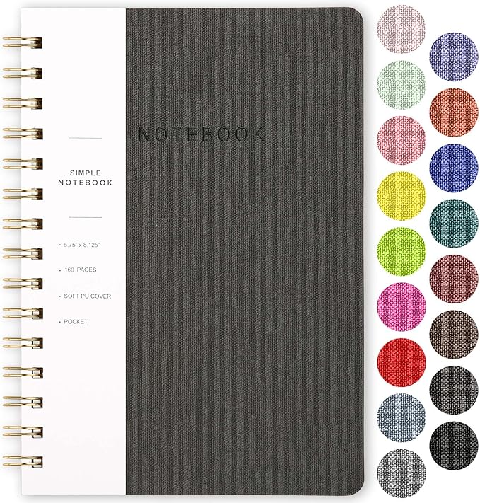 Spiral Notebook-5.75" x 8.125" College Ruled Journal with Inner Pockets and 160 Pages,PU Leather Cover Business Journal, Twin-Wire Binding Notebook Perfect for Office & Home School Supplies Dark Grey