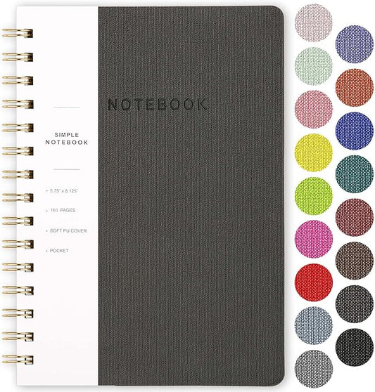 Spiral Notebook-5.75" x 8.125" College Ruled Journal with Inner Pockets and 160 Pages,PU Leather Cover Business Journal, Twin-Wire Binding Notebook Perfect for Office & Home School Supplies Dark Grey
