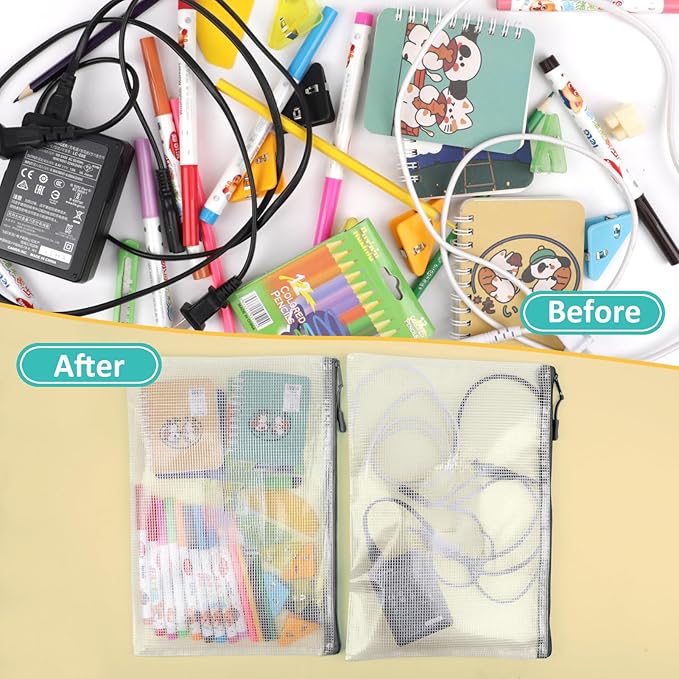YOPCDJ 12pcs Mesh Zipper Pouch Bags, A5 Storage Bag for Organizing, File Bags for Office, Board Games and Home Supplies