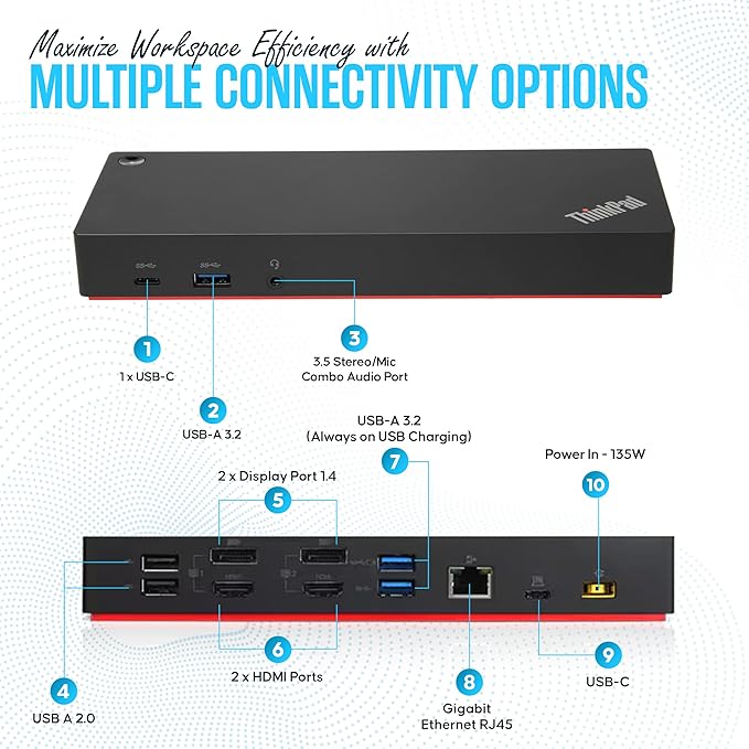 40AF0135US Lenovo Docking Station Dual Monitor Hybrid USB-C with USB-A - Thinkpad Dock with 135W, HDMI & DisplayPort Cable (40AF0135US)