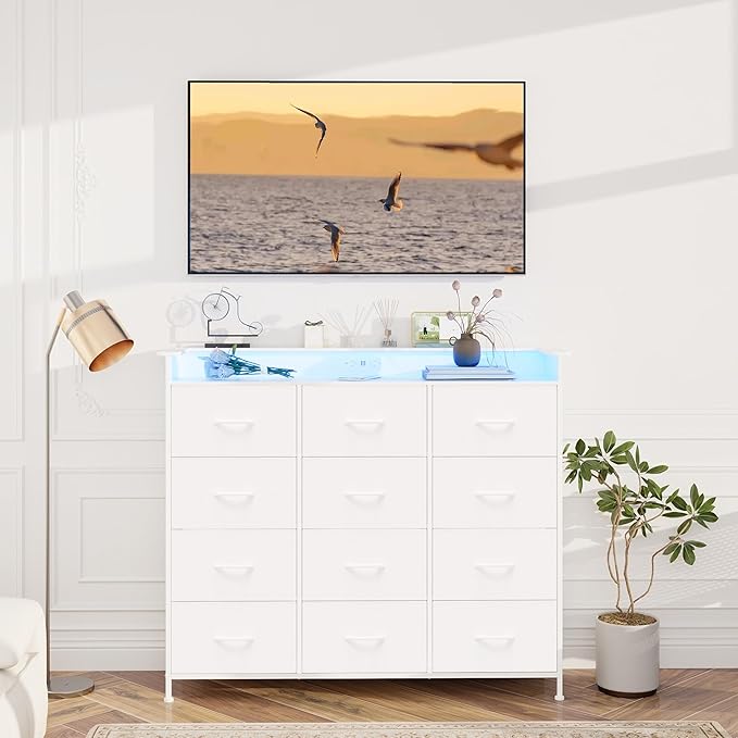 Welfuturer White Dresser with LED Lights and Charging Station for Bedroom 12 Drawers Dressers & Chest of Drawers Tall Dressers for Hallway Entryway Closets Living ROM Sturdy Steel Frame Wood Top