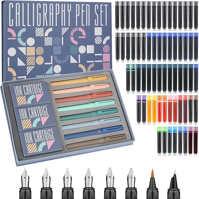 GC QUILL Calligraphy Pen Set 74pcs- 8 Calligraphy Fountain Pens with Varied Nibs, 66 Ink Cartridges(14 Colors)-Writing, Drawing, Calligraphy Practice for Beginner GC-F866