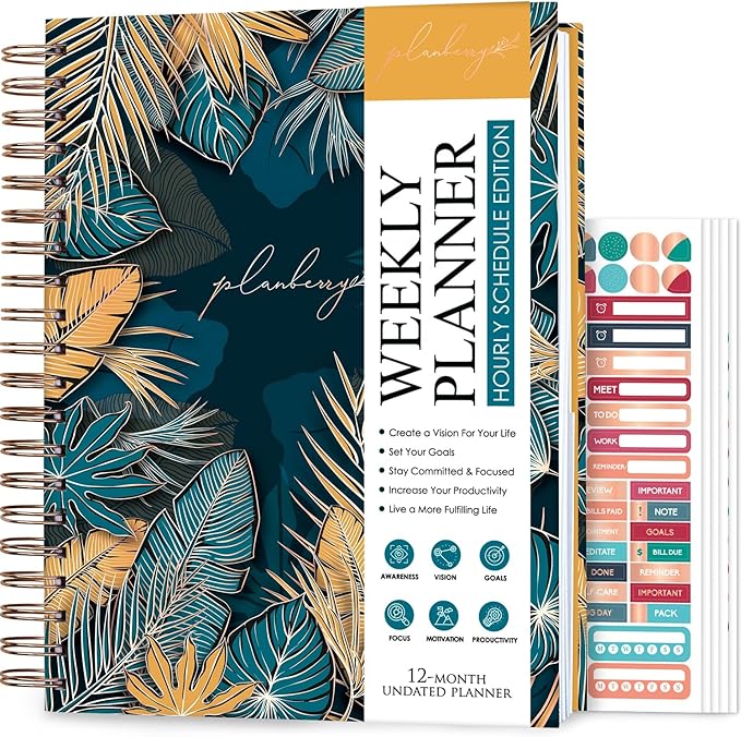 PLANBERRY Large Hourly Schedule Planner Premium – Undated Organizer for Productivity, Time Management & Budget, 8x10.4″ (Tropical Forest)