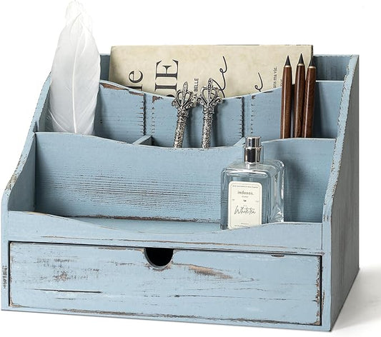 Rebee Vision Pine Wooden Mail Organizer for Desk - Rustic Farmhouse Mail Holder for Desk Organization with Drawer & Dividers - 4-Slot Letter Sorter, File Storage & Home Office Decor (Blue)