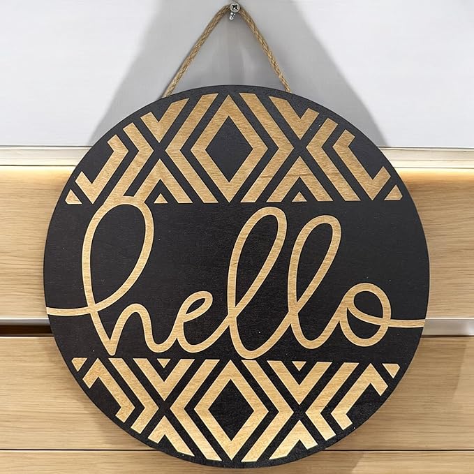 Wood front door sign Wood sign Home decor Welcome sign Sign for front door House warming gift Wedding gift (Hello Geometric-UV028(NB) S008, 18" Width)