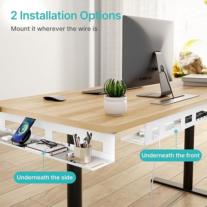 PEGZONE Under Desk Cable Management Tray, 31.5 Inches Metal Cord Organizer Rack, Desk Tray for Power Strip, Cord, Wire, Easy Mounting Cable Management Under Table for Home Office, White
