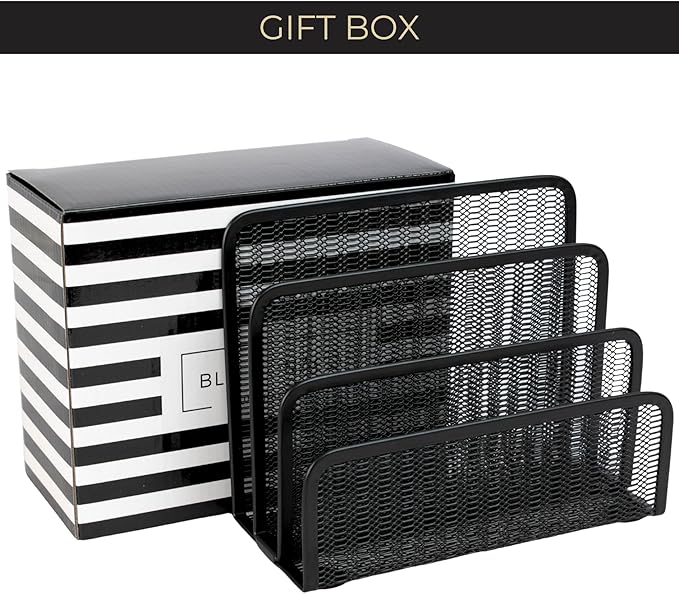 BLU MONACO Black Metal Mesh Letter Sorter | 3-Slot Mail Organizer for Desk, Office & Home | Vertical File & Envelope Holder with Non-Slip Base | Space-Saving Desktop Mail Organizer