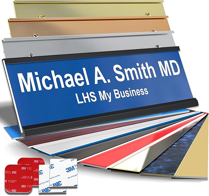Personalized Name Plate with Choice of Mounting Holders for Walls, Doors, Cubicles, Hanging and More - Custom Blue Plastic White Letters - USA Made 2x6 - B9