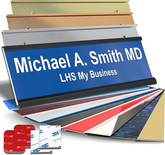 Personalized Name Plate with Choice of Mounting for Walls, Doors, Desk Holders, Cubicles, Hanging and More - Custom Blue Plastic White Letters - USA Made 2x8 - B9