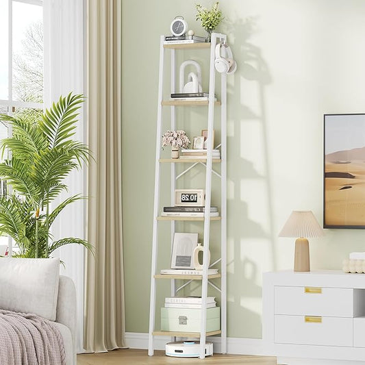 Hzuaneri Ladder Shelf, Bookshelf Bookcase, Freestanding Corner Storage Shelve with 2 Hooks for Home Office, Living Room, Kitchen, Bedroom, Industrial, 11.8" D x 13.4" W x 72.8" H, White Oak and White