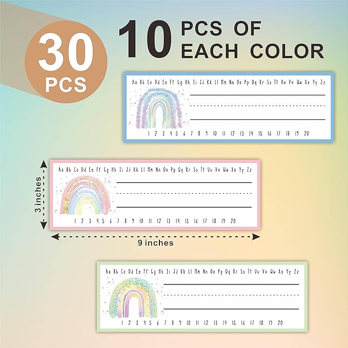 30 Name Tags Labels - Watercolor Rainbow Self Adhesive Name Plates, Desk Label, Locker Stickers for Classroom School, Student, Teacher Decorations & Supplies - A02