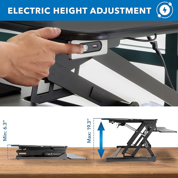Mount-It! Electric Standing Desk Converter with Dual Monitor Arm, Stand Up Desk Riser X-Large 47.2" Wide, Electric Desk Riser with Mount for 2 Screens (Max 32"), Desktop with Keyboard Tray, USB, Black