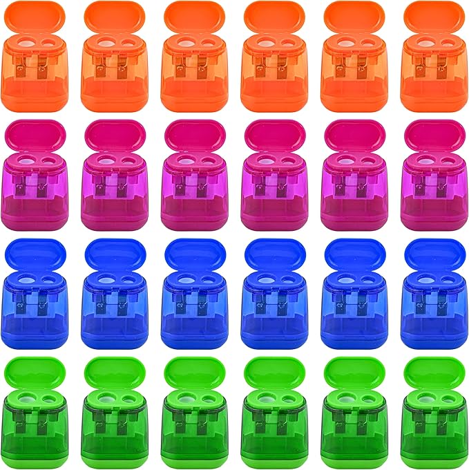 AUSTARK 24Pcs Pencil Sharpener Manual, Assorted Color Small Dual Hole Pencil Sharpeners Bulk with Lid for School Office Home (Geometry-24)