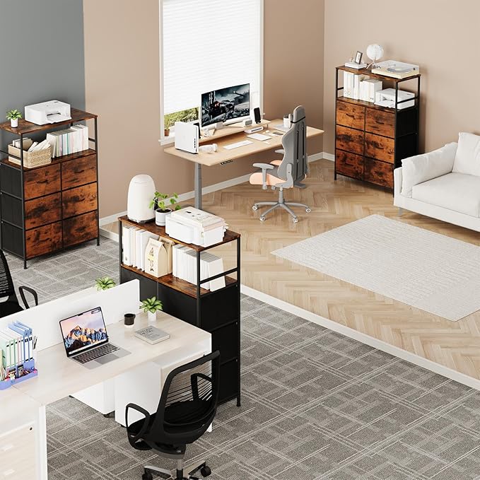 DreamDashio 51" H Tall Mobile File Cabinet, Rolling Printer Stand with 6 Drawers, Adjustable Hanging Rails for A4/Letter/Legal Files, Fabric Vertical Filing Cabinet for Home Office, Rustic Brown