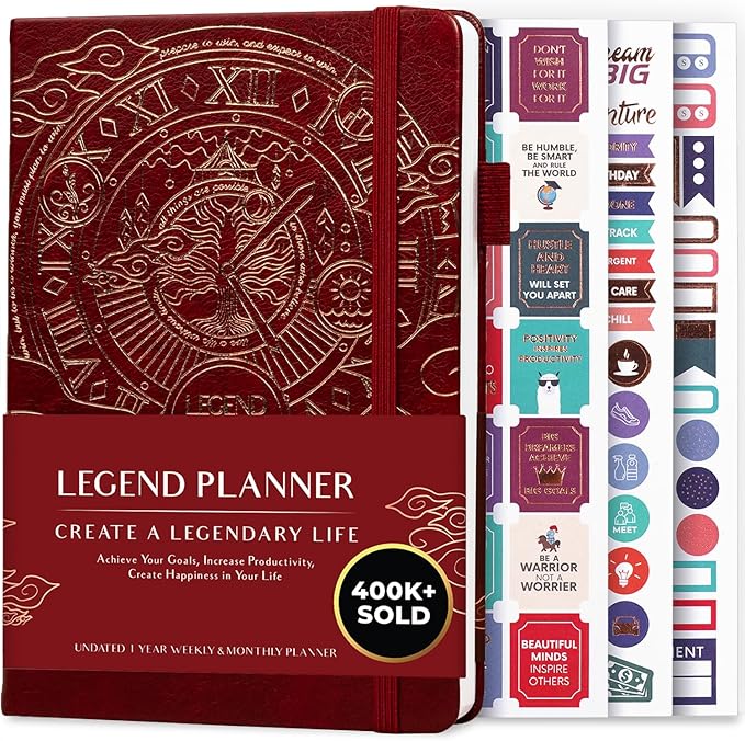 Legend Planner – Weekly & Monthly Life Planner to Hit Your Goals & Live Happier. Organizer Notebook & Productivity Journal. A5 (Wine Red)