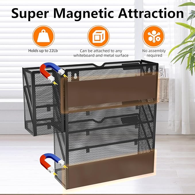 KZWKRG Magnetic File Holder, Magnetic File Organizer Wall Mount, 5 Tier Hanging Mail Organizer Folder Holder, Mesh Desk Accessories and Organizers, Paper Document Magazine Rack with 3 Pen Holder