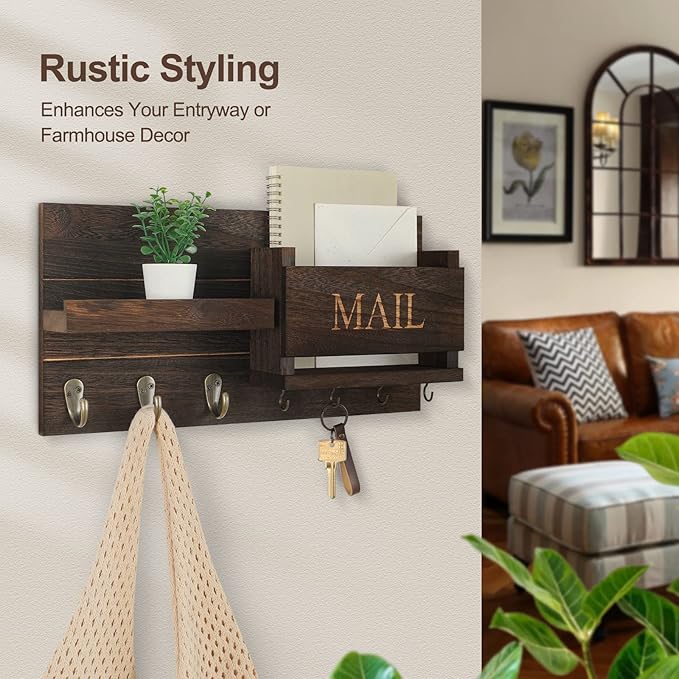 Lwenki Mail Organizer for Wall Mount – Key Holder with Shelf Includes Letter Holder and Hooks for Hallway Farmhouse Decor – Rustic Wood with Flush Mounting Hardware (16.5” x 9.1” x 3.4”) (Brown)
