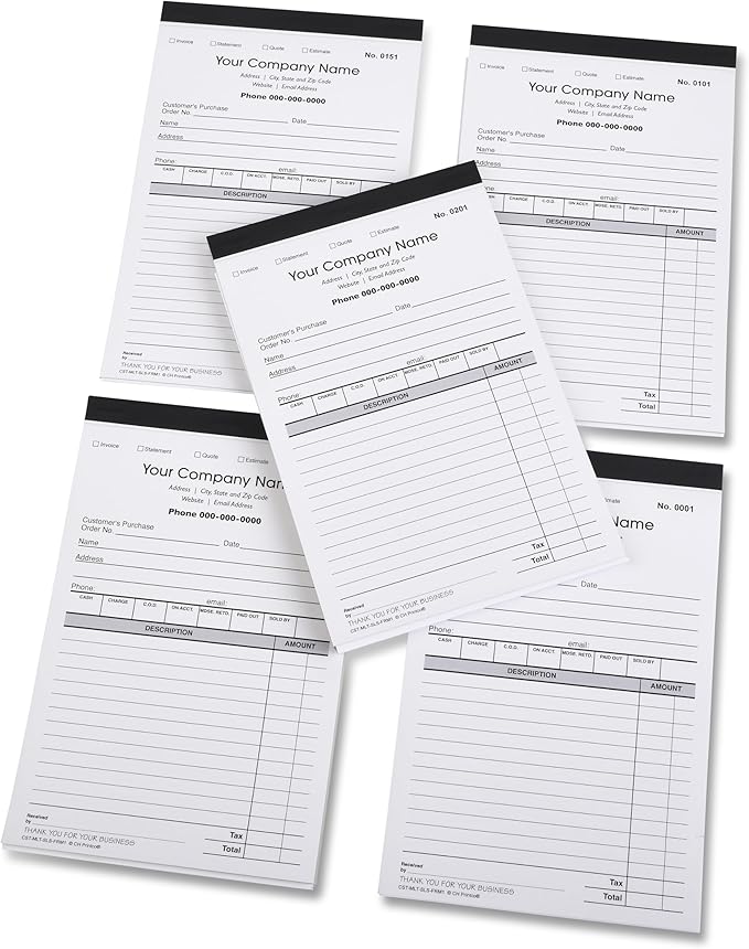 Custom Sales, Invoice, Statement, Estimate, Quote, Personalized Multipurpose Duplicate Carbonless Form with Your Company Name - 5 Books (250 Sets) Numbered