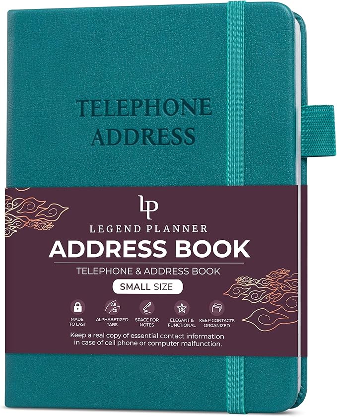Legend Planner Address Book with Alphabetical Tabs – Mini Telephone Contacts Book for Phone Numbers, Addresses, Passwords, Small (Dark Teal)