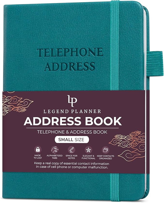 Legend Planner Address Book with Alphabetical Tabs – Mini Telephone Contacts Book for Phone Numbers, Addresses, Passwords, Small (Dark Teal)