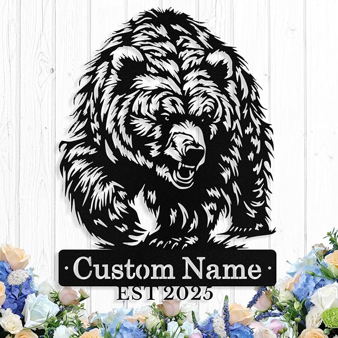 Custom Bear Metal Sign, Custom Bear Metal Wall Art Decor, Personalized Last Name Signs for Home, Rustic Farmhouse Black Wall Decor for Cabin, Bedroom, Living Room, Porch
