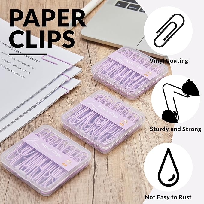 NEEWAY Colorful Large Paper Clips, 2 Inch Jumbo Paper Clips, 150 Count, 3 Pack of 50 (Light Purple)