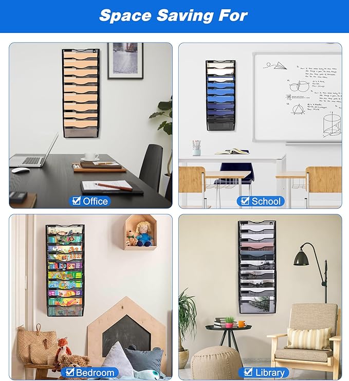 Solinxe Wall File Holder, 10 Pockets Hanging File Folder, Paper Organizer Storage, Document Rack, Mail Holder, Magazine Rack, Wall Organizer for Office, Black