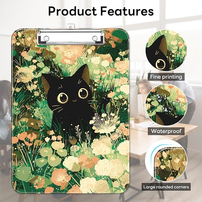 Luminzo Plastic Cute Clipboard Low-Profile Metal Clip, A4 Letter Size 9 x 12.5 in, 8.5 x 11 Paper Clip Board for Teachers, Nurses, Classroom,Cute Cat