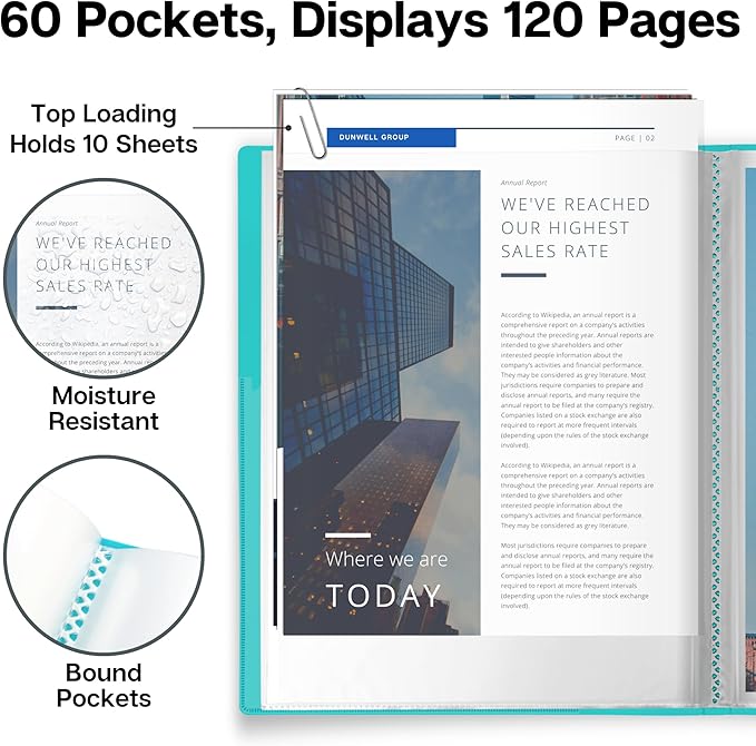 Dunwell Presentation Binder 60-Pocket, Displays 120 Pages, 8.5x11 Portfolio Binder with Plastic Sleeves, Storage and Organizer for Documents, Photos, Kids Artwork, Projects, Recipes (Aqua)