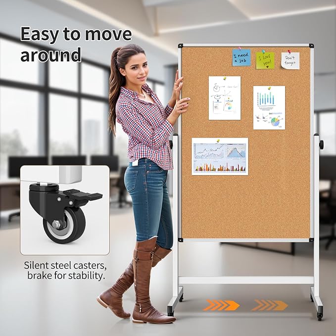 Double-Sided Corkboard Whiteboard, 32 x 48 Inches Dry Erase Board on Wheels, Height Adjustable, Portable Freestanding Board for Office, Planning, and Presentations (Cork & White)