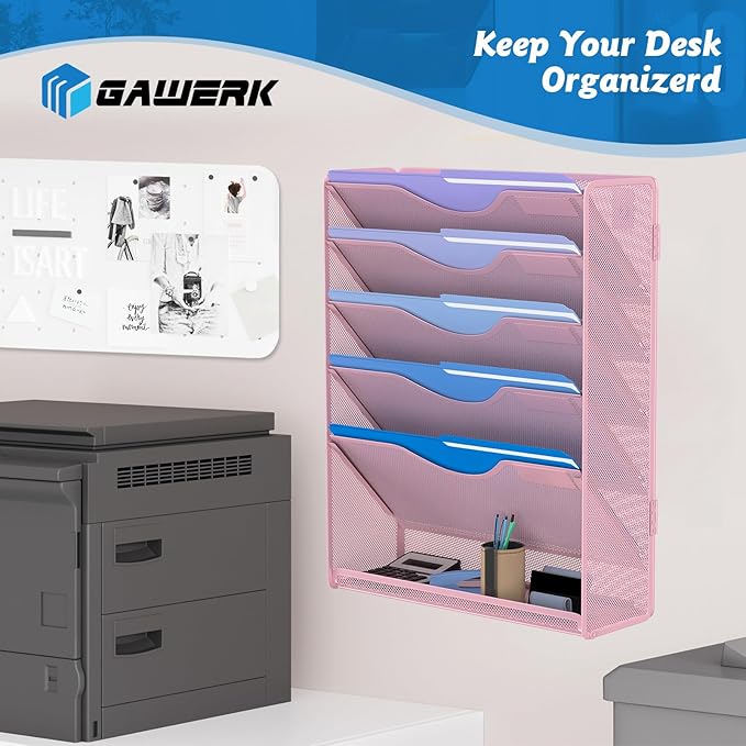 Gawerk 6 Tier Hanging File Organizer, Mesh Wall File Holder Paper Folder Rack with Bottom Flat Tray for Office Home, Pink