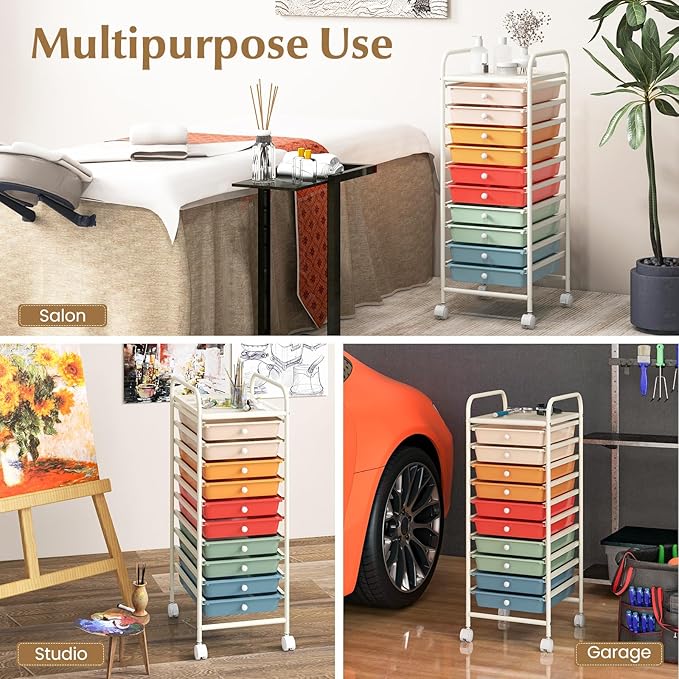 GLACER 10 Drawers Rolling Cart, Storage Cart with w/Removable Drawers & Steel Frame, Utility Mobile Trolley w/Universal Casters & 2 Brakes, Organizer Cart for Home, School, Office (Macaron)