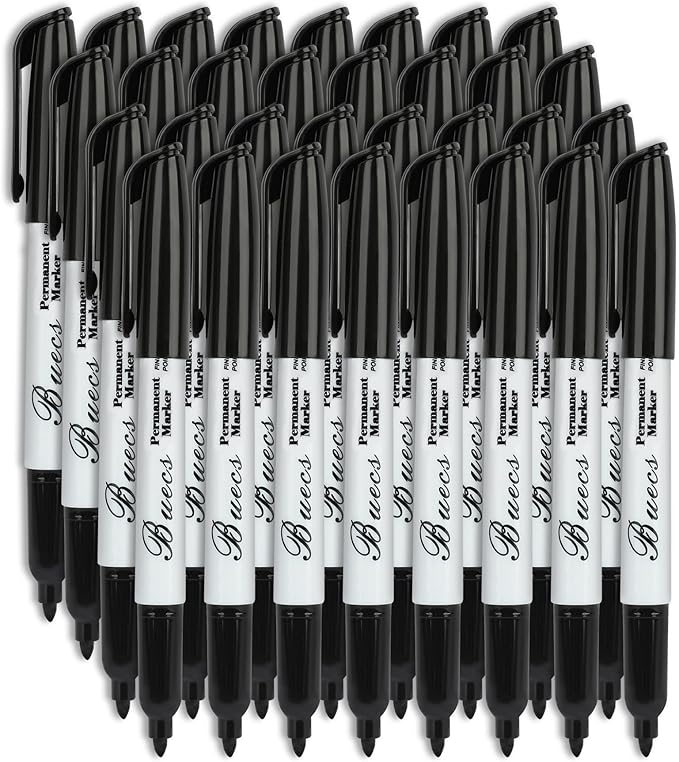 Buecs Permanent Markers, 80 Count Black Permanent Markers, Fine Point, Waterproof & Smear Proof Markers, Quick Drying, Office Supplies for School, Office, Home