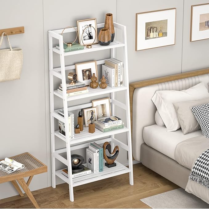 Homykic Ladder Shelf, 4-Tier Bamboo Ladder Bookshelf, 49.2” White Book Shelf, Open Bookcase Freestanding Plant Stand for Small Space, Bathroom, Living Room, Bedroom, Home Office