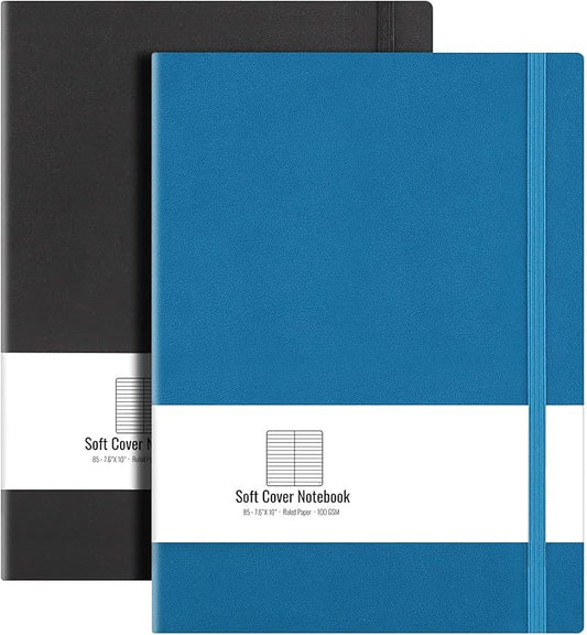 B5 College Ruled Notebook Softcover Journals(2-Pack)- AHGXG Large Composition Notebook 7.6 x 10 inch with Thick 100gsm Lined Paper, Total 408 Numbered Pages (Black Blue)