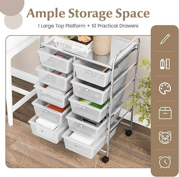 GOFLAME 10-Drawer Rolling Storage Cart, Art Craft Storage Organizer on Wheels, Multipurpose Movable Utility Cart for School, Office and Home, Clear