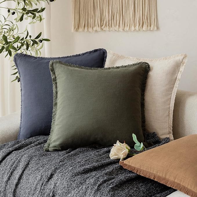 Foindtower Set of 2 Decorative Linen Fringe Throw Pillow Covers Cozy Farmhouse Cushion Cover with Tassels Accent Pillowcase for Couch Chair Sofa Bed Living Room Home Decor,16×16 Inch,Dark Olive Green