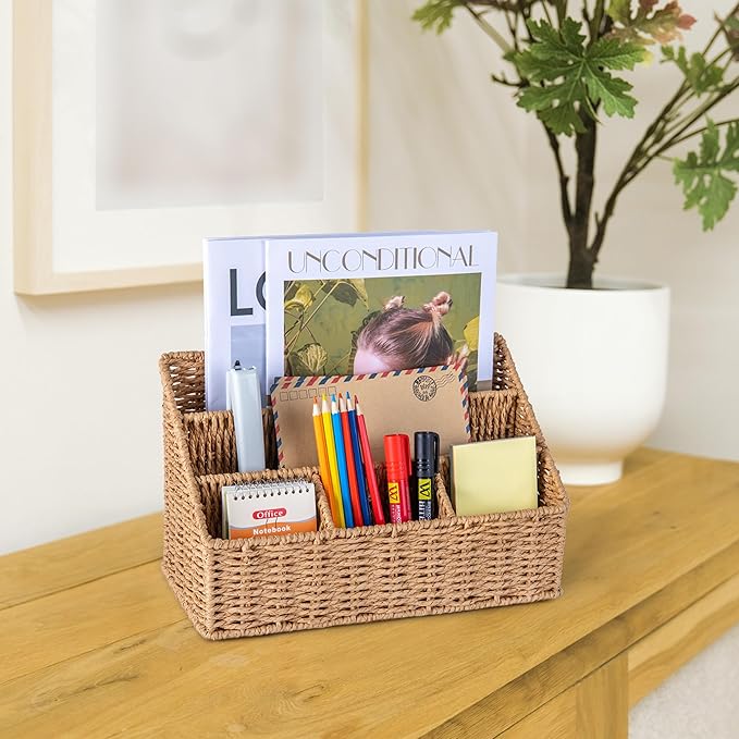 DINGTAI Rattan Desk Organizer, Tabletop Mail Holder, 5 Slot Mail Organizer Countertop Basket, Rattan Office Supplies, Boho Office Desk Accessories, Wicker Desk Organizer, Magazine Holder（Wicker）