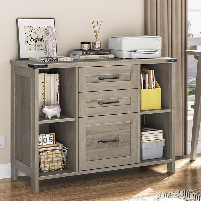 Vabches File Cabinet with 3 Drawers, Farmhouse Lateral File Cabinet Fits Files Letter/A4 Size, Wooden Filing Cabinet with Adjustable Shelves Printer Stand for Home Office, Grey