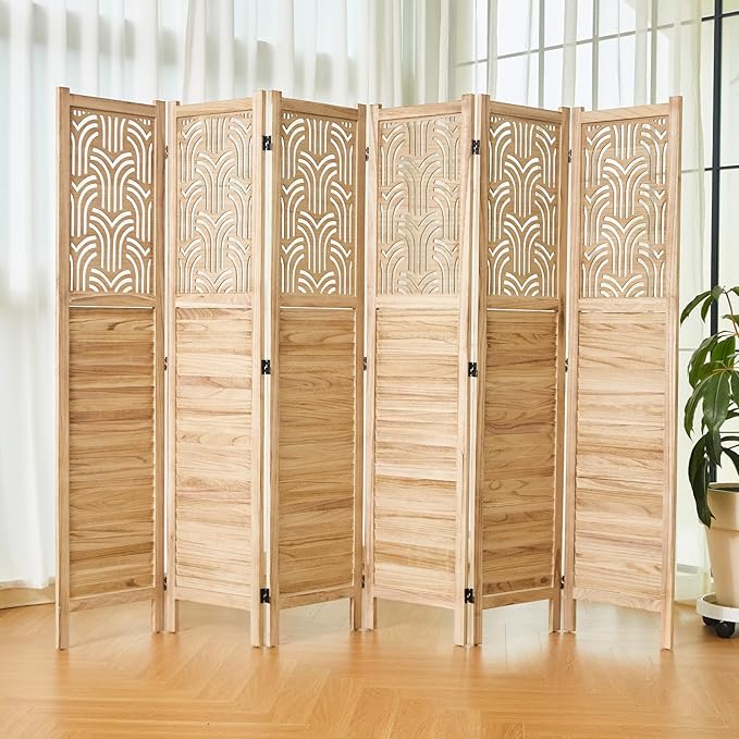 Svimi Folding Room Divider, 66.9 Inch 6 Panels Wood Carved Privacy Screens, Free Assembled Freestanding Portable Separation Wall for Home Office Bedroom (Natural)