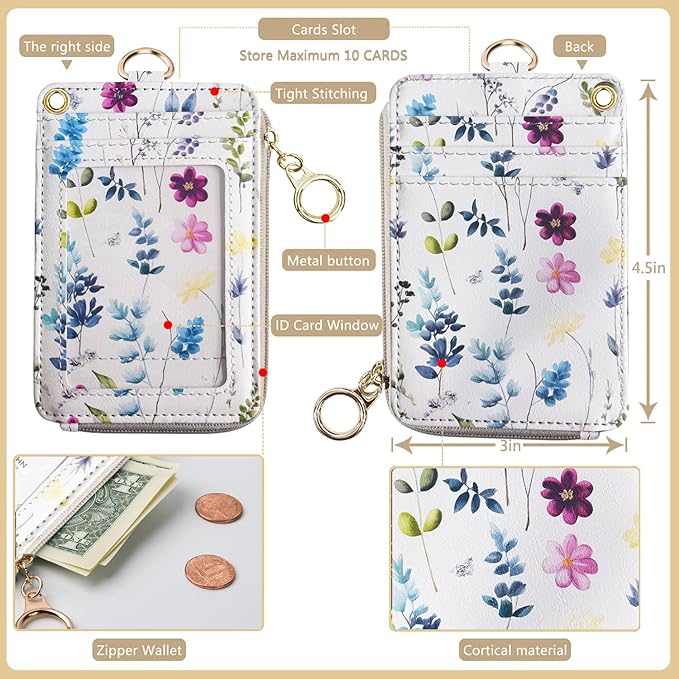 bolimoss 2-in-1 ID Badge Holder & Lanyard Wallet for Womens Cute Floral Zipper Wallet with Removable Wrist & Neck Lanyard, Clear Window, 5 Card Slots, Ring Keychain for Worker Teacher Nurse Couriers