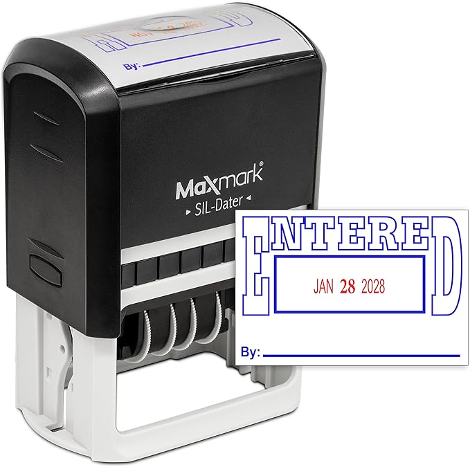 MaxMark Large Self-Inking Rubber Date Office Stamp with Entered Phrase & Date - Blue/Red Ink, 12-Year Band - Style 5