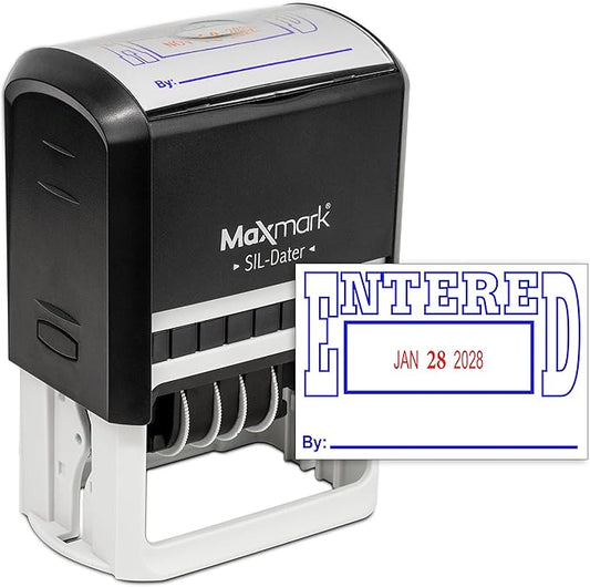 MaxMark Large Self-Inking Rubber Date Office Stamp with Entered Phrase & Date - Blue/Red Ink, 12-Year Band - Style 5